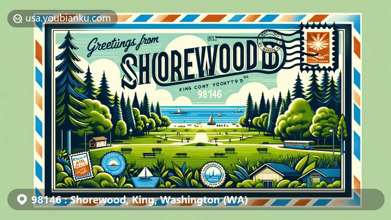 Modern illustration of Shorewood, King County, Washington, inspired by a wide-format postcard design featuring North Shorewood Park's lush greenery and recreational ambiance, framed with air mail envelope details and postal stamps displaying ZIP code 98146 and Washington state flag.
