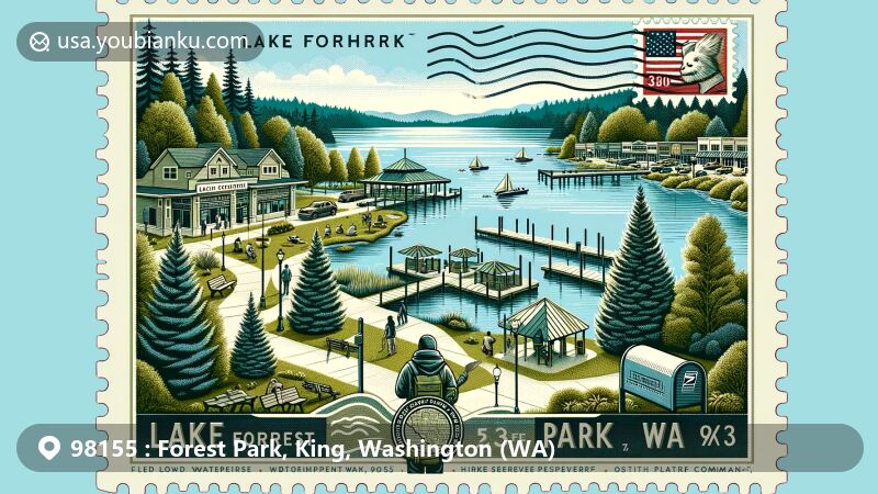 Modern illustration of Lake Forest Park, Washington, featuring scenic views of Lake Washington, lush greenery, and iconic parks like Lyon Creek Waterfront Preserve. Town Center with shopping, dining, and community center symbolizes city's heart.
