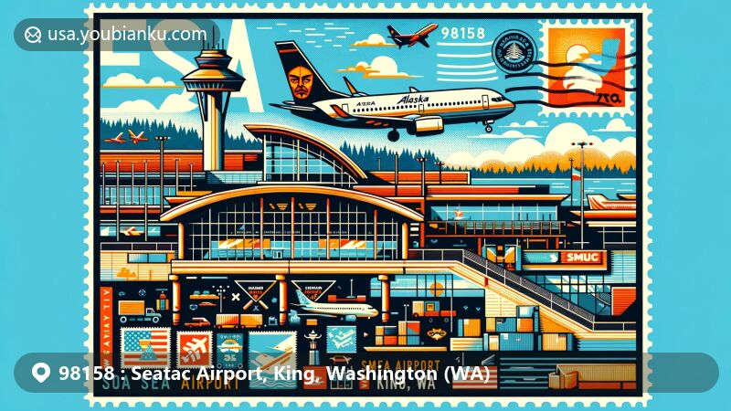 Modern illustration of SeaTac, Washington, focusing on SEA Airport and aviation landmarks, featuring Alaska Airlines HQ, Horizon Air, Washington state flag, and King County shape.
