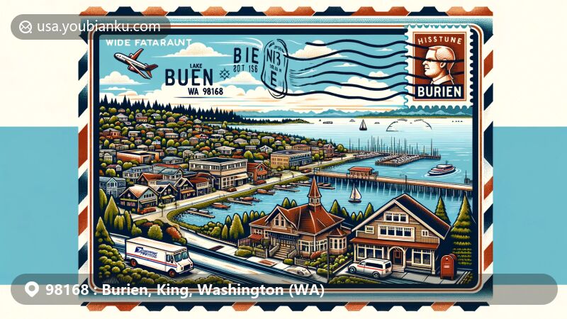 Modern illustration of Burien, King County, Washington, highlighting ZIP code 98168, featuring Puget Sound coastline, Olde Burien downtown area, and Three Tree Point.