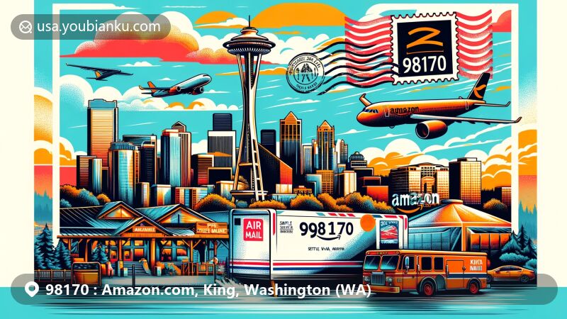 Vibrant illustration of ZIP code 98170 in Seattle, Washington, featuring Space Needle, Pike Place Market, and Amazon.com elements, set against the city's skyline, with air mail envelope and postmark depicting the urban and postal theme.