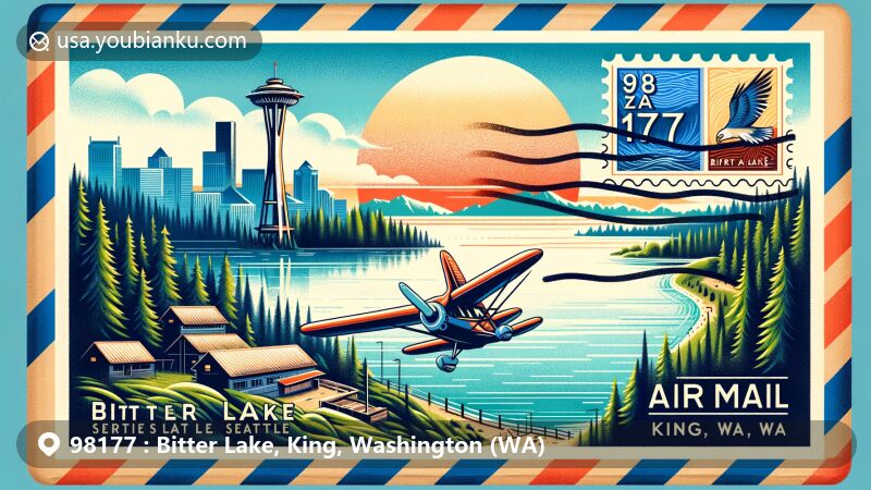 Modern illustration of Bitter Lake area, Seattle, featuring Space Needle and postal theme with ZIP code 98177, showcasing airmail envelope, stamp, and postmark.