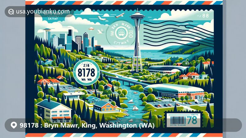 Modern illustration of Bryn Mawr-Skyway, King County, Washington, featuring lush greenery, diverse neighborhoods, and a blend of urban and natural beauty, with landmarks like Bryn Mawr Park and Lakeridge Park.
