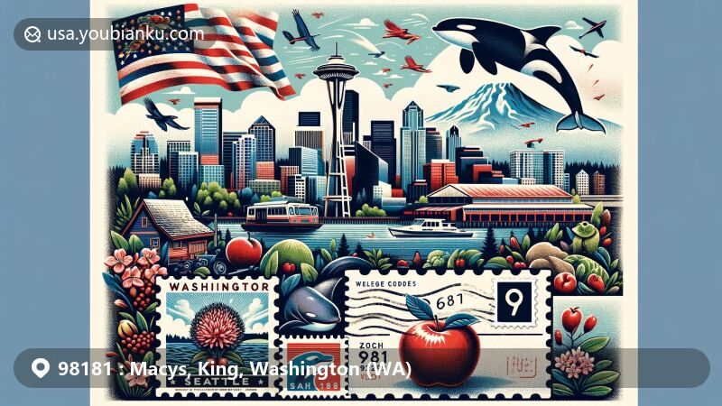 Modern illustration of Seattle, Washington, highlighting iconic Space Needle and state symbols including apple, rhododendron, and orca.