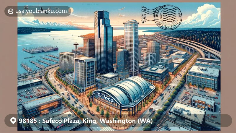 Modern illustration of Safeco Plaza, King County, Washington, with ZIP code 98185, featuring LEED-Platinum certified skyscraper in Seattle skyline, surrounded by panoramic views of the city, Puget Sound, and Olympic Mountains.