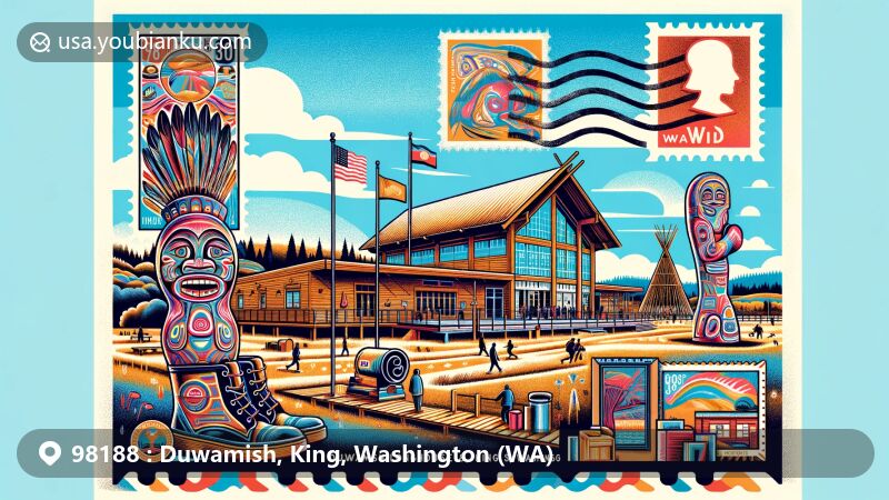 Contemporary depiction of Duwamish, King, Washington (WA), featuring Duwamish Longhouse and Cultural Center and 'Hat 'n' Boots' sculptures, showcasing cultural and geographical essence with postal elements and ZIP Code 98188.