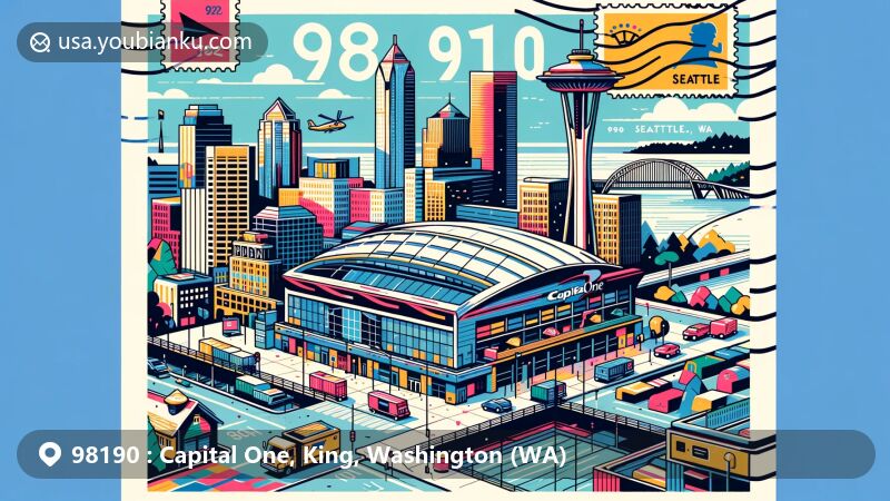 Modern illustration of Seattle, Washington, showcasing postal theme with ZIP code 98190, featuring the Capital One Arena and iconic Seattle elements like the Space Needle.