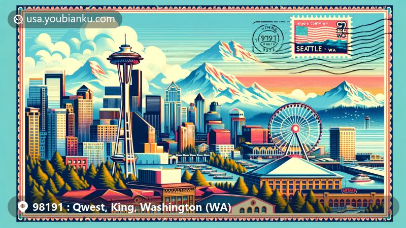 Modern illustration of Seattle, Washington (WA) ZIP Code 98191, featuring cityscape with Space Needle, Pike Place Market, Seattle Great Wheel, and Olympic Mountains in vibrant colors, integrated with postal elements like postcard layout, postal stamp, postmark, and ornate border.