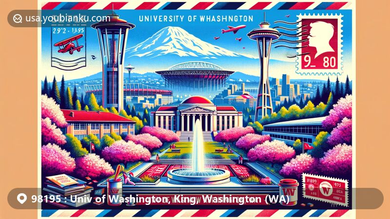 Modern illustration of the University of Washington and its surroundings in the ZIP code 98195 area, featuring cherry blossoms, Red Square, Drumheller Fountain with Mount Rainier, and Husky Stadium, with postal elements and Seattle cultural symbols.