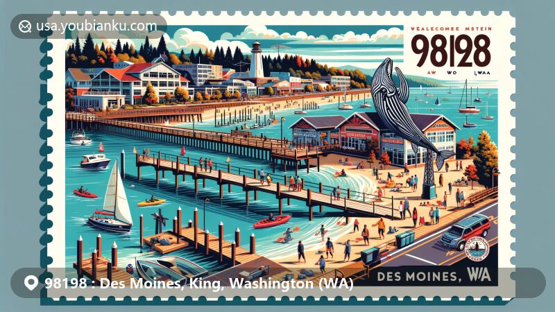 Modern illustration of Des Moines, Washington, featuring zipcode 98198 area in a creative postcard style, showcasing local landmarks like Puget Sound, Redondo Beach Pier, and activities such as kayaking and walking along the beach.
