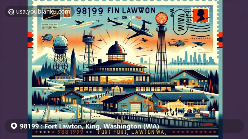 Modern illustration of Fort Lawton area in ZIP code 98199, King County, Washington, featuring historic buildings, radar station, and Daybreak Star Cultural Center, blending military past with public space transformation.