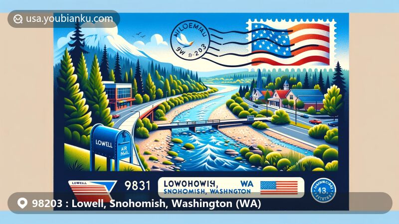 Modern illustration of Lowell, Snohomish, Washington, encapsulating ZIP code 98203 with scenic Lowell Riverfront Trail, iconic mailbox, postmark, and state flags.