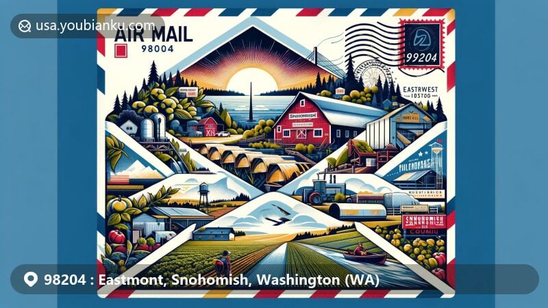 Modern illustration of Eastmont, Snohomish County, Washington, featuring postal theme with ZIP code 98204, showcasing Snohomish River, Washington state flag, agricultural aspects, and landmarks like The Farm at Swan's Trail and Blackman House Museum.