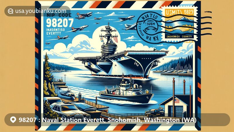 Modern illustration of Naval Station Everett in Snohomish County, Washington, representing the role of the naval base as the homeport for the U.S. Navy aircraft carrier strike group, set against the backdrop of scenic Puget Sound. The artwork features a large modern naval vessel, incorporating postal themes with an airmail envelope framing the scene, a vintage-style stamp featuring the USS Abraham Lincoln previously docked at Everett as the homeport, and a postmark with 'Naval Station Everett, WA 98207'. The vibrant and visually appealing image in a contemporary illustration style captures the significance and picturesque setting of Naval Station Everett in the Puget Sound region of Washington.