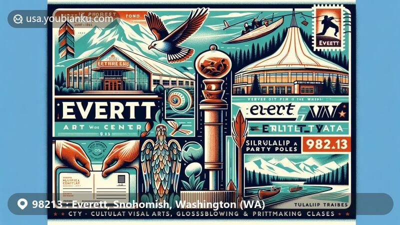 Modern illustration of Everett, Snohomish County, Washington, with postal theme for ZIP code 98213, featuring Schack Art Center, Angel of the Winds Arena, Hibulb Cultural Center, and iconic Mount Baker stamp.