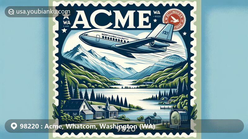 Modern illustration of Acme, Washington, featuring ZIP code 98220 and scenic beauty of northern Cascade Mountains and Lake Whatcom, highlighting rural charm and postal elements.
