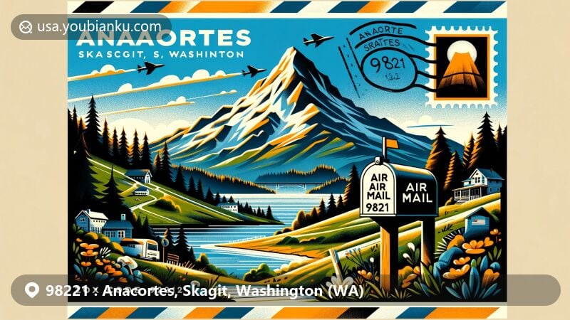 Modern illustration of Anacortes, Skagit, Washington, ZIP code 98221, featuring iconic Mount Erie and local postal elements within a creative postcard design.
