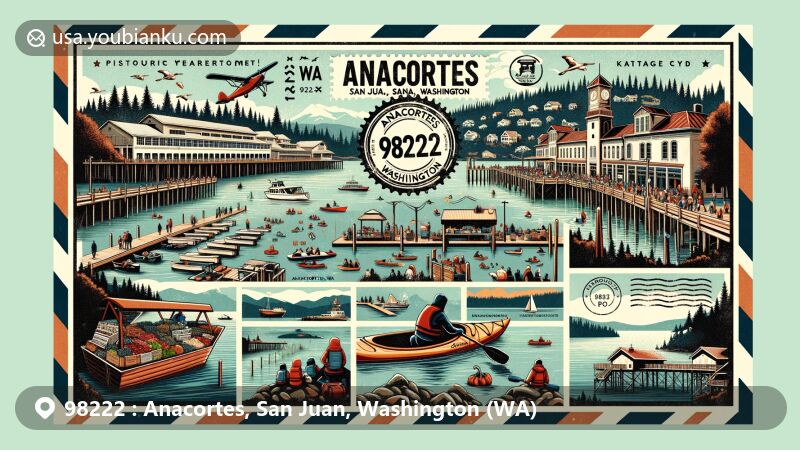 Modern illustration of Anacortes, San Juan, Washington, showcasing postal theme with ZIP code 98222, featuring historic waterfront, Farmers Market, Community Forest Lands, and recreational activities on Fidalgo Bay.