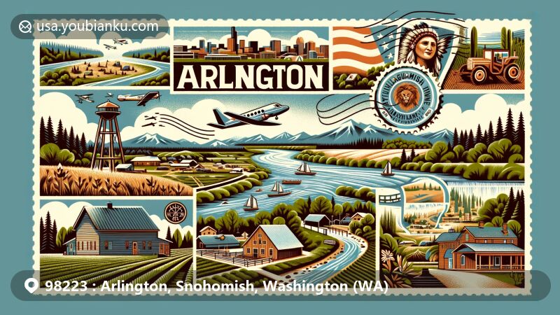 Modern postcard-style illustration of ZIP code 98223, Arlington, Snohomish County, Washington, featuring Stillaguamish River, Cascade Range, Stillaguamish people, Haller City, aviation symbols, and postal elements.