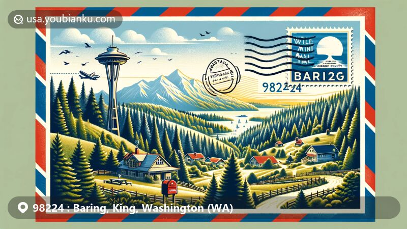 Modern illustration of Baring, Washington, encapsulating rural charm with ZIP code 98224, set in the scenic Cascade Mountains, featured in an airmail envelope with traditional red and blue stripes.