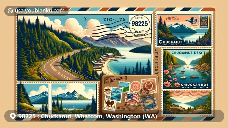 Modern illustration of Chuckanut, Whatcom County, Washington, showcasing postal theme with ZIP code 98225, featuring Chuckanut Drive, Chuckanut Bay, Chuckanut Mountains, Mount Baker, Lost Lake Trail, Mount Shuksan, Larrabee State Park, and vintage air mail design.