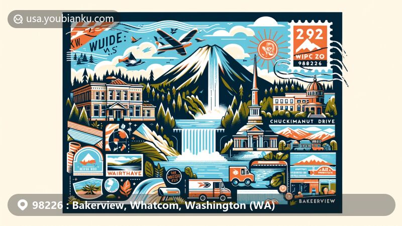 Modern illustration of Bakerview, Whatcom, Washington, focusing on ZIP code 98226, featuring Whatcom Falls Park, Chuckanut Drive, Fairhaven District, and Mount Baker, with postal elements like stamps and mail truck.