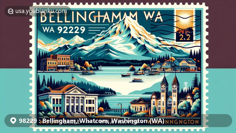 Modern illustration of Bellingham, Whatcom County, Washington, showcasing postal theme with ZIP code 98229, featuring Mount Baker and Mount Shuksan, Fairhaven District, Mount Baker Theatre, and Lake Whatcom.