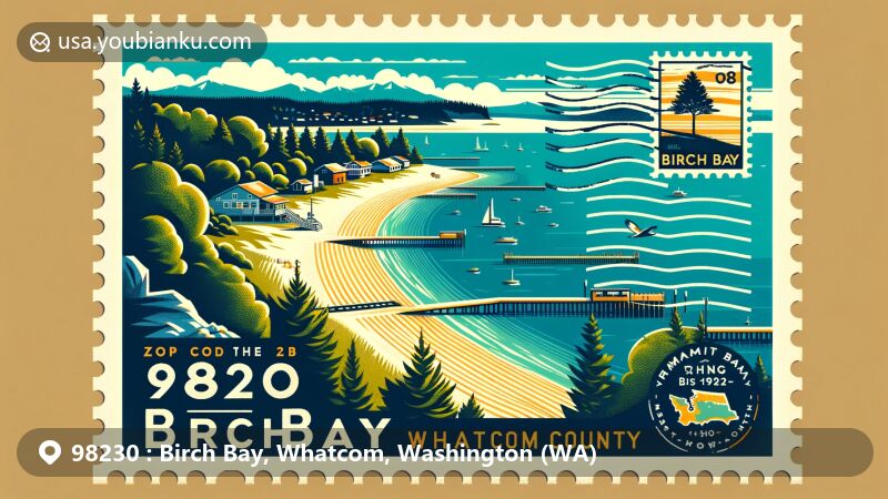 Modern illustration of Birch Bay, Whatcom County, Washington, featuring protected bay on the eastern shore of Salish Sea between Semiahmoo Bay and Lummi Bay, showcasing gentle sloping beaches and community connection with nature, including vintage postal elements like Birch Bay stamp, 98230 postal code postmark, and small Whatcom County map outline.