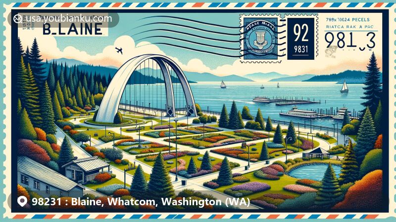 Modern illustration of Blaine, Washington, with Peace Arch symbolizing cross-border connection, surrounded by lush parks and flower gardens, Semiahmoo Bay, and mountains. Vintage air mail envelope with ZIP code 98231.