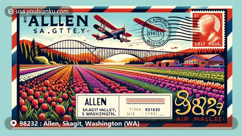 Vibrant illustration of Allen, Skagit County, Washington, showcasing tulip fields, iconic Deception Pass Bridge, and postal elements with vintage stamp design featuring '98232' ZIP code.