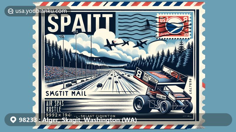 Modern illustration of Skagit Speedway, Alger, Skagit County, Washington, featuring sprint car races and natural scenery, framed in vintage airmail envelope style with postal theme and ZIP code 98233.