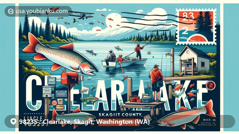 Modern illustration of Clearlake, Skagit County, Washington, showcasing the scenic beauty of the area with people fishing and engaging in outdoor activities. Features local wildlife like rainbow trout and largemouth bass, along with postal elements including airmail envelope, postage stamp, postmark, and mailbox.