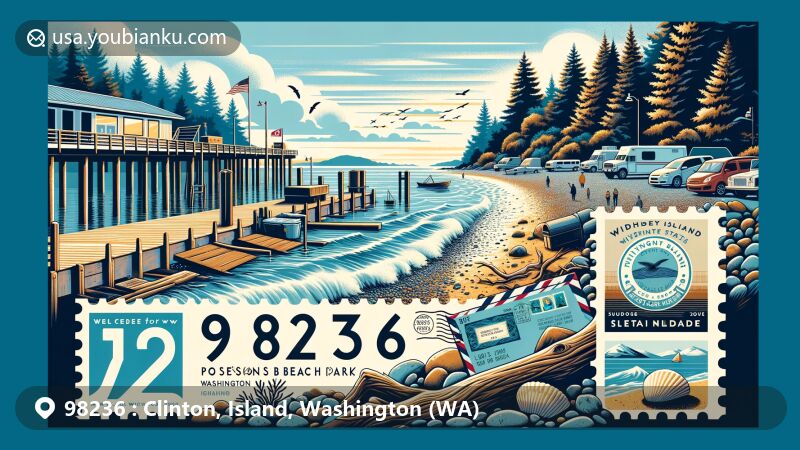 Modern illustration of Clinton, Island County, Washington, depicting Possession Beach Park, including pebble beach, driftwood, islands, mainland views, and vintage air mail envelope with postal stamp 98236, symbolizing postal service.