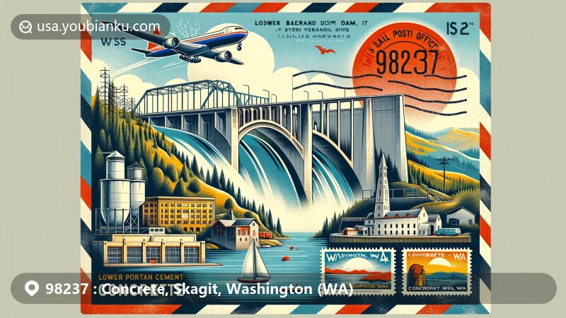 Modern illustration of Concrete area, Skagit County, Washington, featuring Lower Baker Dam, Superior Portland Cement Site, and Henry Thompson Bridge, with postal elements including a vintage airmail envelope showcasing ZIP code 98237, retro stamp, and 'Concrete, WA' postmark, all complemented by Washington state flag.