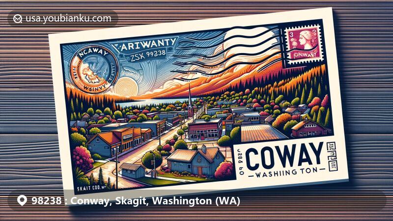 Modern illustration of Conway, Skagit, Washington, showcasing Main Street, Skagit County's scenery, and postal heritage, featuring stamp, postmark, and ZIP code '98238'.