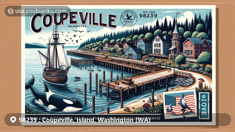 Modern illustration of Coupeville, Washington, showcasing postal theme with ZIP code 98239, featuring historic Coupeville Wharf, sailing ship, Ebey’s Landing Reserve, Mediterranean climate, orcas, and vintage postage stamp.
