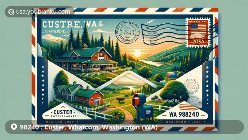 Modern illustration of Custer, Whatcom County, Washington, showcasing scenic view with The Barn at Sunrise Ridge and Pacific Northwest landscapes, framed in airmail envelope border with Washington state flag stamp, postmark 'Custer, WA 98240', and red mailbox.