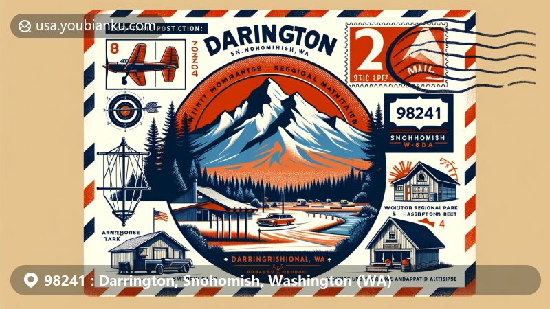 Modern illustration of Darrington, Snohomish, Washington, featuring iconic Whitehorse Mountain, showcasing outdoor activities and mountain views.