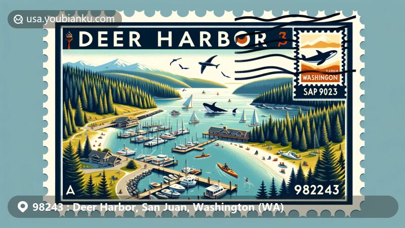 Modern illustration of Deer Harbor, San Juan, Washington, showcasing natural beauty with postal elements and ZIP code 98243, featuring marine activities and the Deer Harbor Marina.