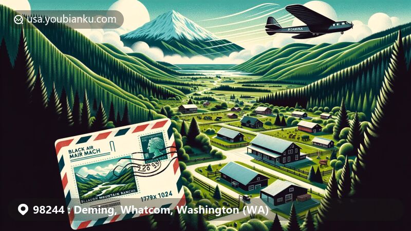 Modern illustration of Deming, Washington, featuring Black Mountain Ranch amid lush greenery and mountains, with a vintage air mail envelope showing Mount Baker stamp and ZIP code 98244.