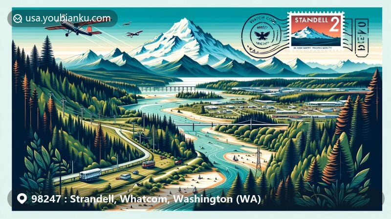 Modern illustration of the area of Strandell in Whatcom County, Washington, with ZIP code 98247, featuring Mount Baker, Mount Shuksan, and Chuckanut Mountains in the background, as well as hiking and biking trails, Nooksack River, and postal themes.