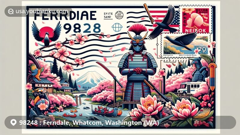 Modern illustration of Ferndale, Washington, highlighting the Cherry Blossom Festival with Japanese cultural activities and Nooksack River scenery, featuring '98248' ZIP code and Washington state flag.