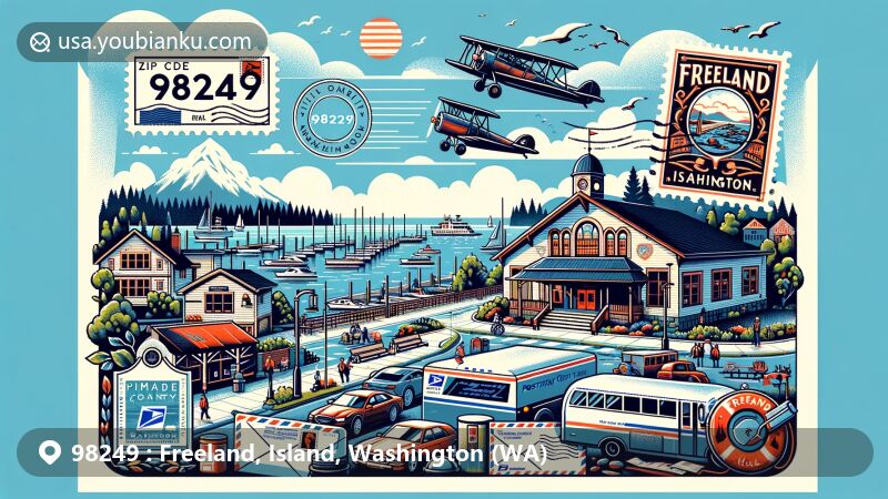 Modern illustration of Freeland, Island County, Washington, highlighting ZIP code 98249, featuring Freeland Park, Holmes Harbor, Freeland Hall, vintage air mail envelope, stamp, postmark, and postal heritage.