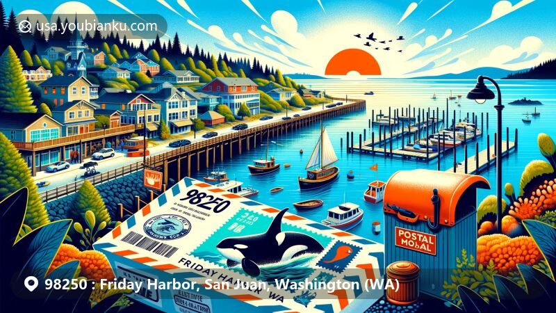 Modern illustration of Friday Harbor, San Juan County, Washington, featuring scenic waterfront and harbor views with ships and marine life, highlighted by a playful Orca symbolizing whale watching tours, set against charming historic town. Foreground displays stylized open air mail envelope containing postage stamp with iconic Orca, postal mark '98250 Friday Harbor, WA', mailbox, and vintage mail carrier bicycle, blending tranquil ambiance and excitement of receiving special mail, under sunny sky showcasing Mediterranean climate of warm dry summers and mild rainy winters. Illustration style is contemporary and eye-catching, perfect for celebrating ZIP code 98250 on webpages, inviting viewers to explore this enchanting island community.