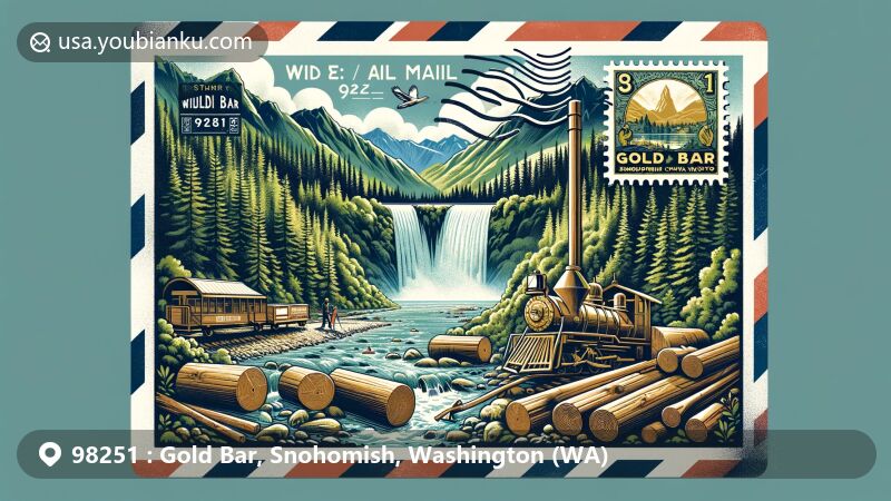 Creative illustration of Gold Bar, Snohomish County, Washington, showcasing postal theme with ZIP code 98251, featuring Cascade Mountains, Wallace Falls State Park, and symbols of mining and logging.