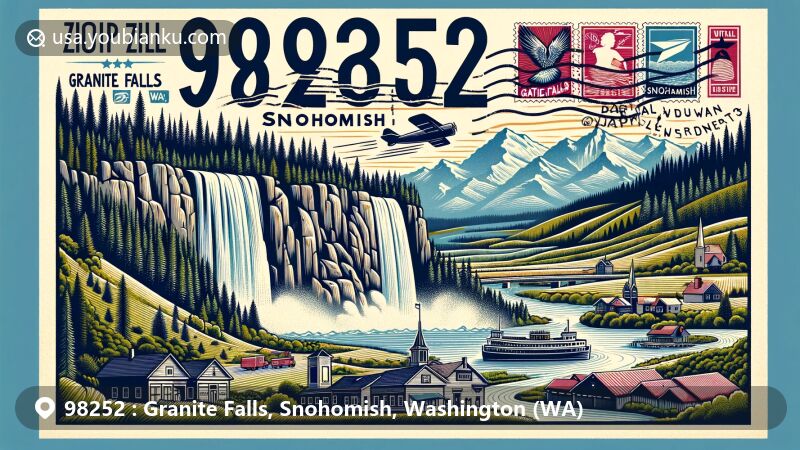 Modern illustration of Granite Falls, Snohomish County, Washington, highlighting the ZIP code 98252, featuring Granite Falls waterfall, local history, and Cascade Range, with vintage air mail envelope and stamp representing postal theme.