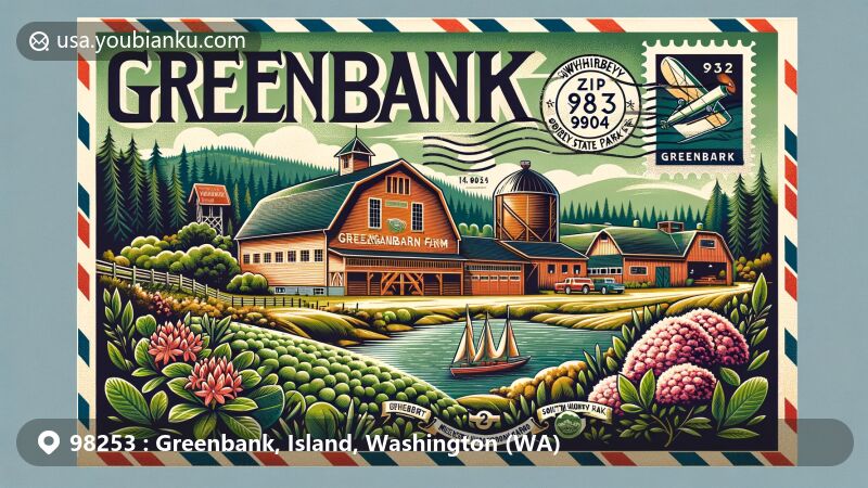 Modern illustration of Greenbank, Washington, for ZIP Code 98253, showcasing iconic Greenbank Farm, Whidbey 1904 Barn, Meerkerk Rhododendron Gardens, and South Whidbey State Park, with vintage air mail envelope background featuring ZIP Code 98253 and custom postage stamp.