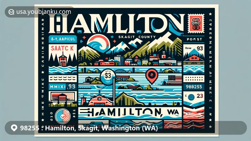 Modern illustration of Hamilton, Skagit County, Washington, highlighting ZIP code 98255 and Skagit River, representing town's resilience and coexistence with nature, featuring postal elements and Washington state symbols.