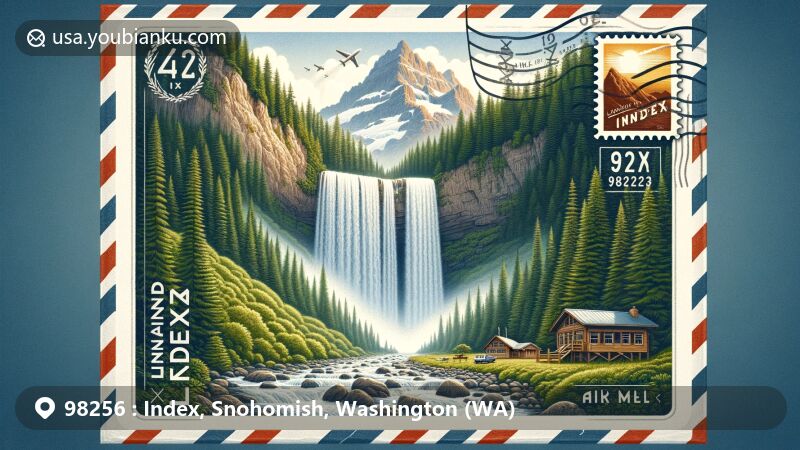 Modern illustration of Index, Snohomish County, Washington, featuring scenic view with Bridal Veil Falls, Mount Index, airmail envelope with ZIP code 98256, The Landing at Index campsite, vintage stamp, and postal mark.