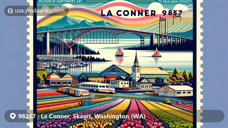 Modern illustration of La Conner, Washington, inspired by ZIP code 98257, featuring Rainbow Bridge, tulip fields, Museum of Northwest Art, and vintage airmail motifs.